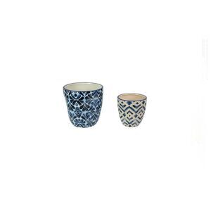 Set of 2 Blue and White Ceramic Geometric Design Mini Planter Pots